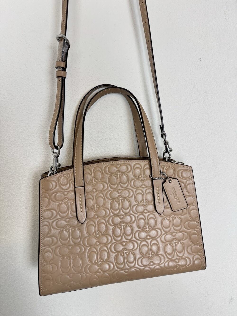 Coach Charlie Carryall 28 Signature Debossed Handbag/Crossbody Beige Leather